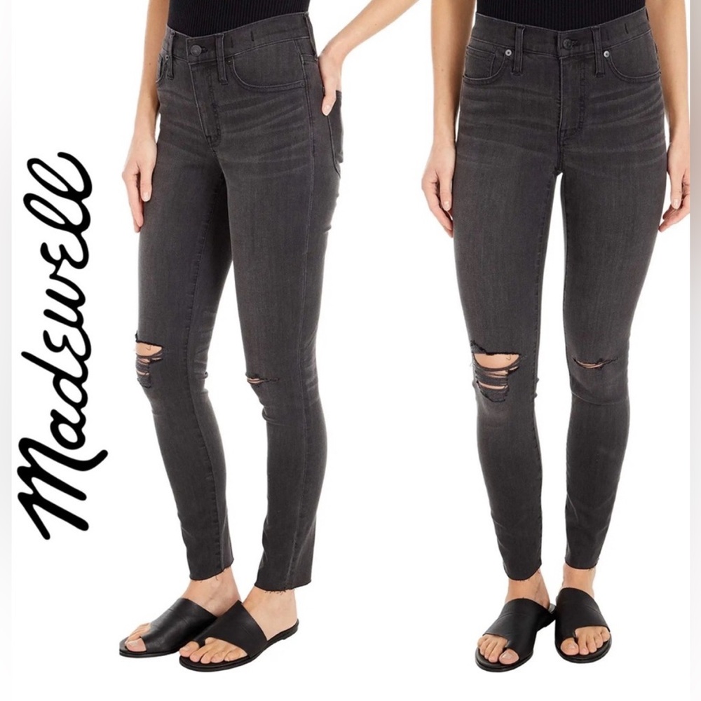 Madewell 9” High Rise Skinny Jeans in Black Sea – Raw Hem, Distressed